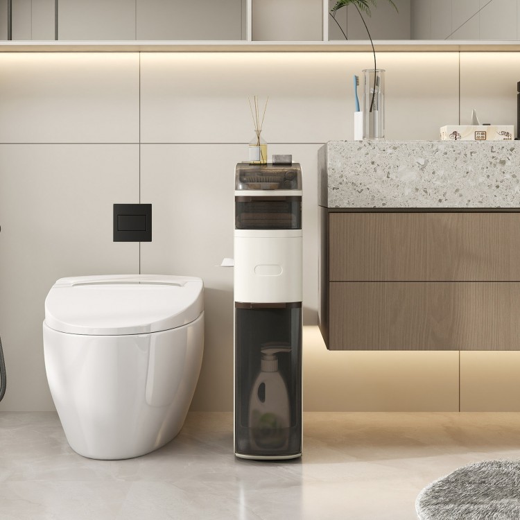 4-tier narrow bathroom storage cabinet with drawers and tissue box, featuring a space-saving design and waterproof.