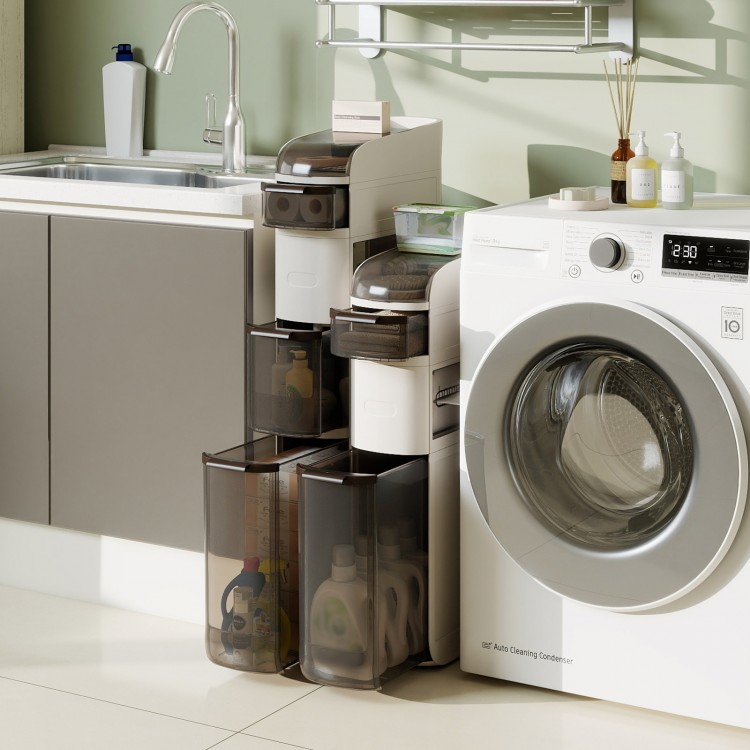 4-tier narrow bathroom storage cabinet with drawers, tissue box, and wheels, ideal for laundry or kitchen organization.