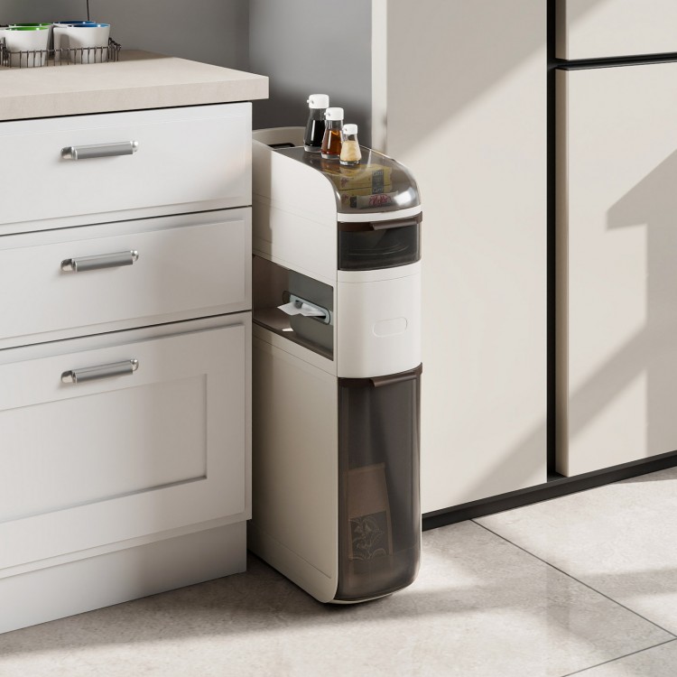 Narrow 4-tier storage cabinet with drawers and tissue box, 7" width, ideal for bathroom or kitchen organization.