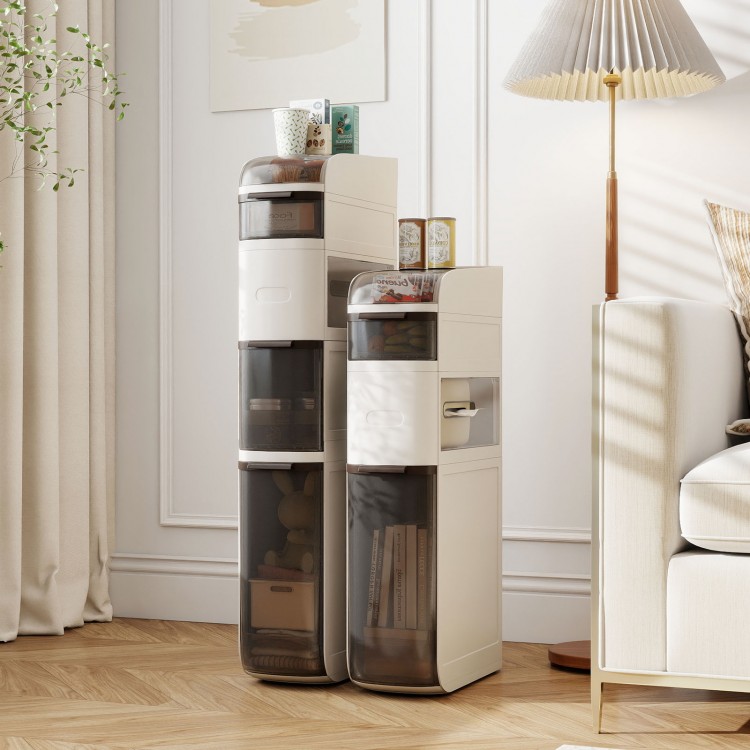 4-tier narrow bathroom storage cabinet with drawers and tissue box, featuring a space-saving design and removable.