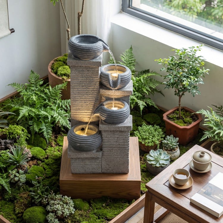 4-tier outdoor water fountain with cascading bowls and LED lights, creating a calming atmosphere for relaxation.