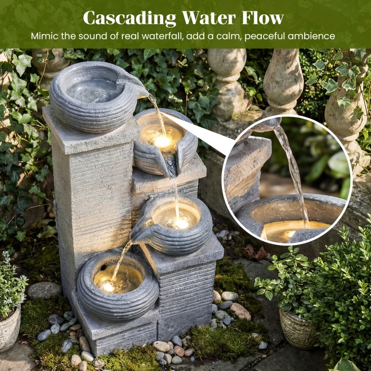 Cascading 4-tier outdoor water fountain with LED lights, creating a calming atmosphere and beautiful night illumination.