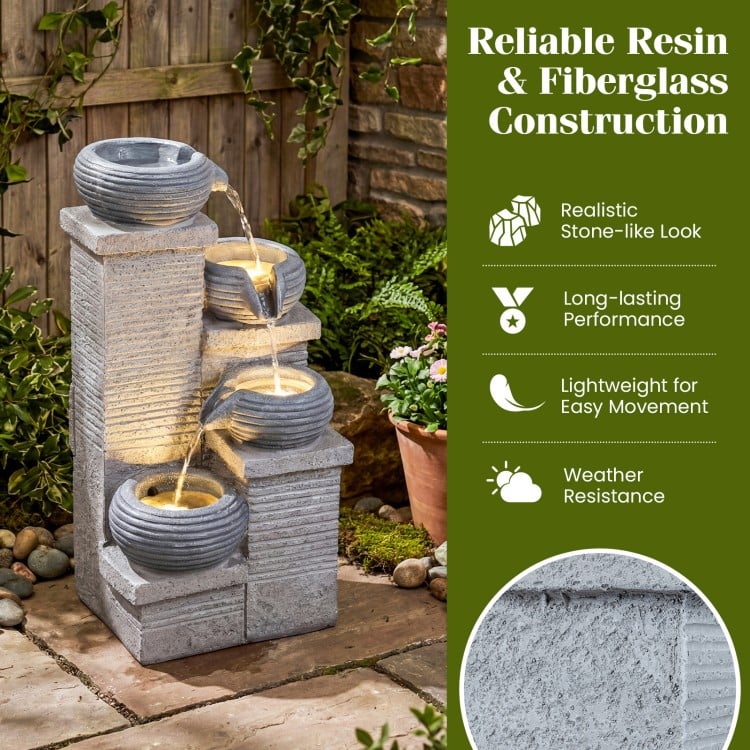 4-tier outdoor water fountain with cascading bowls and LED lights, made of durable resin and fiberglass for lasting.
