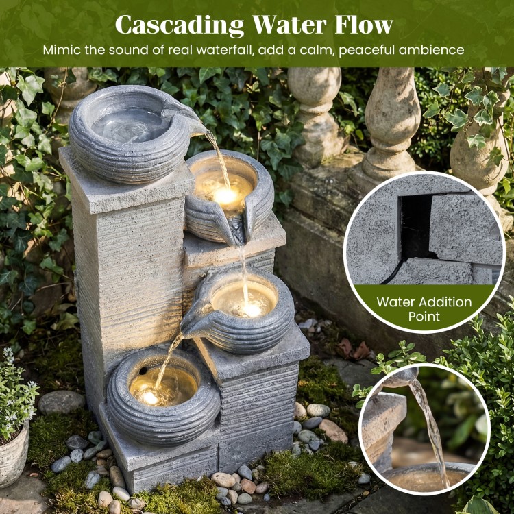 4-tier outdoor water fountain with cascading bowls and LED lights, creating a calming ambiance for relaxation.