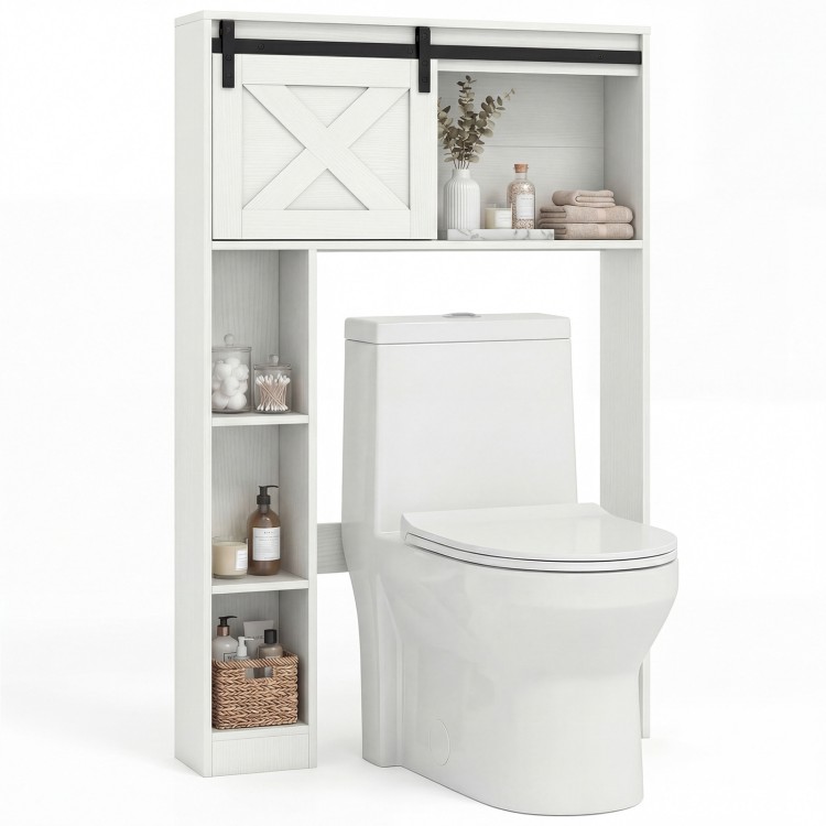 4-tier over the toilet storage cabinet in white with sliding barn door and shelves for organized bathroom storage.