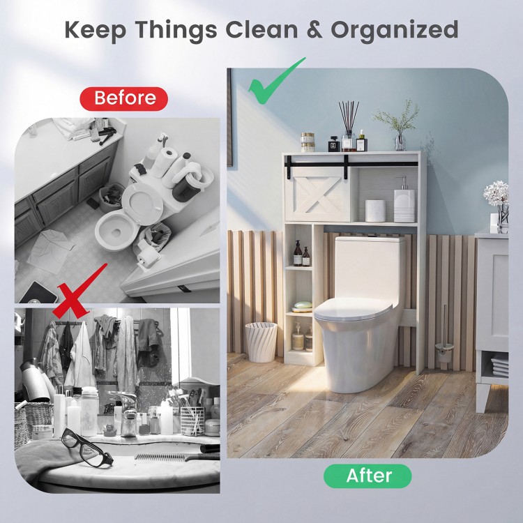 4-tier over the toilet storage cabinet in white with sliding barn door, perfect for bathroom organization and easy.