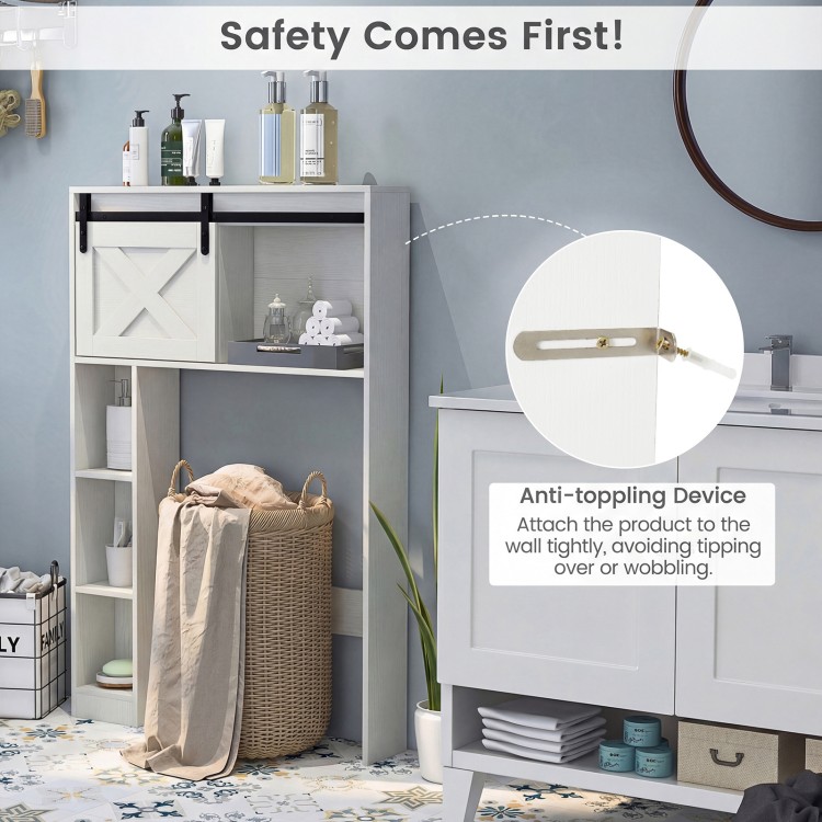 4-tier over-the-toilet storage cabinet in white with sliding barn door and anti-tipping device for secure organization.