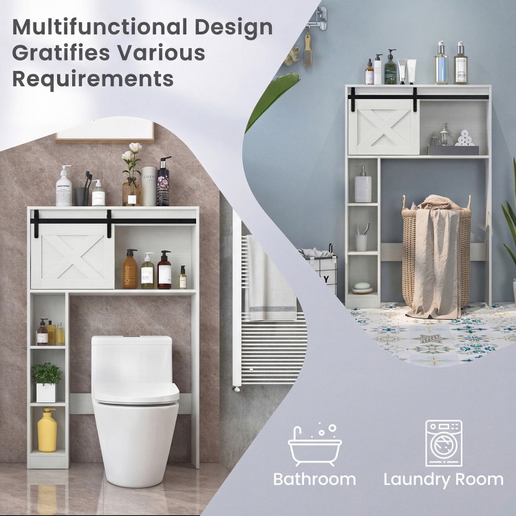 4-tier over the toilet storage cabinet in white with sliding barn door, ideal for bathroom and laundry organization.