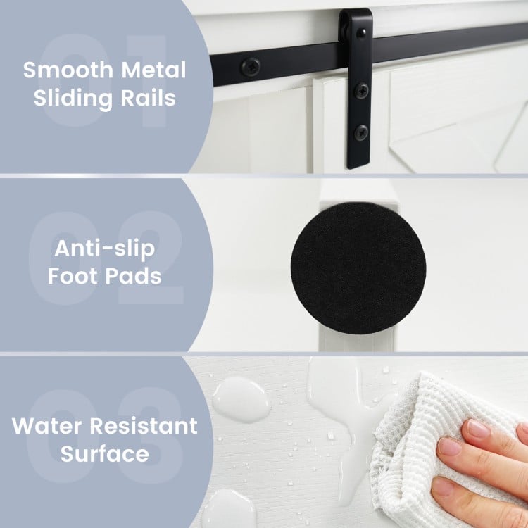 Close-up of the 4-tier over-the-toilet storage cabinet's smooth sliding barn door and water-resistant surface for easy.