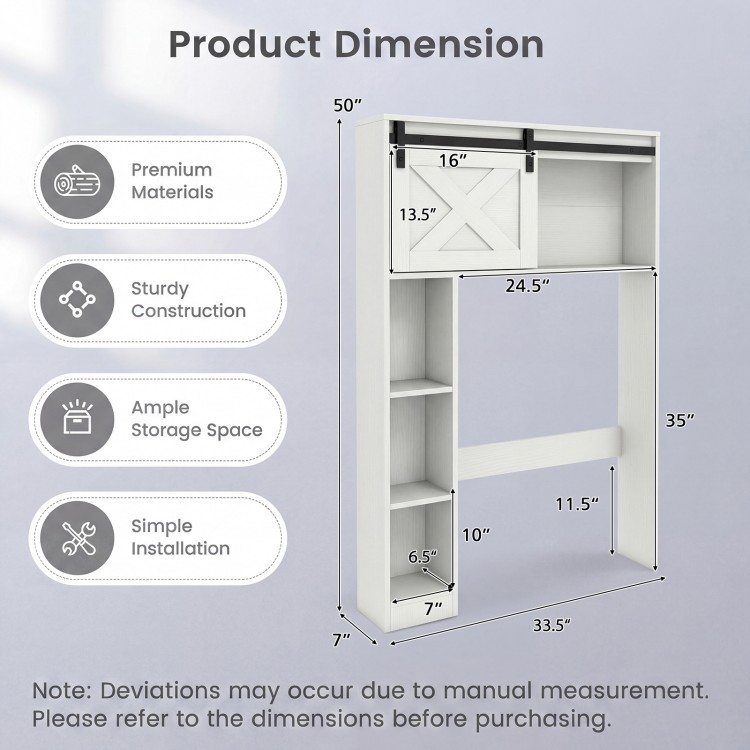 4-tier over the toilet storage cabinet in white with sliding barn door, featuring ample storage space and simple.