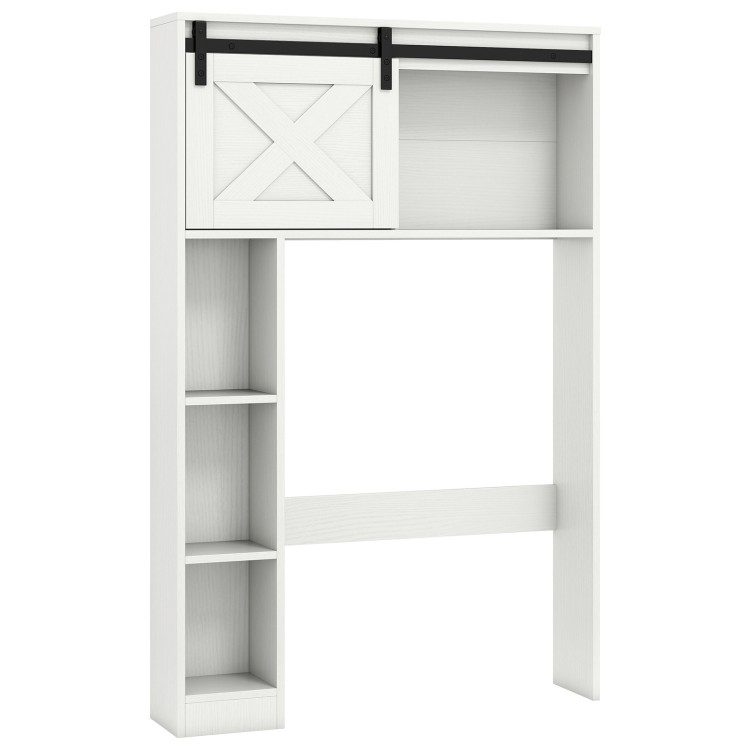 4-tier over-the-toilet storage cabinet side view in white, showcasing sliding barn door and spacious shelves for.