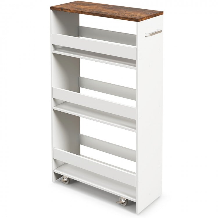 4-tier rolling storage cart with rustic brown top, open shelves, and handle, perfect for narrow kitchen spaces.