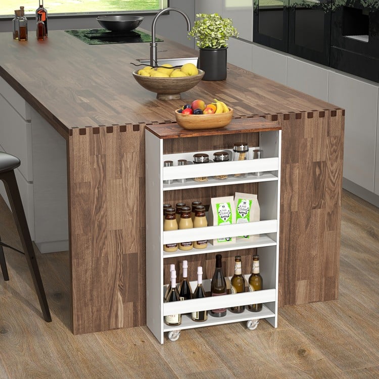4-tier rolling storage cart in rustic brown with open shelves, designed for kitchen organization and easy mobility.