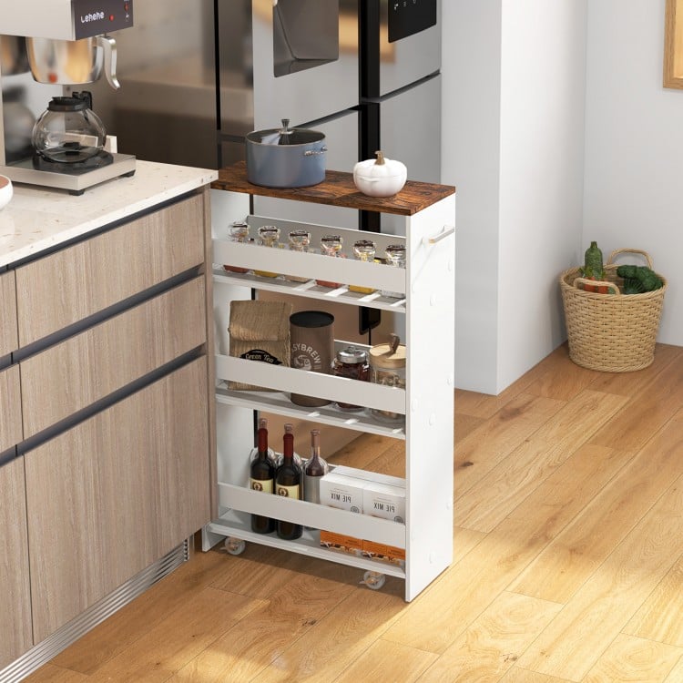 4-tier rolling storage cart with rustic brown tabletop and open shelves, perfect for kitchen organization in tight.