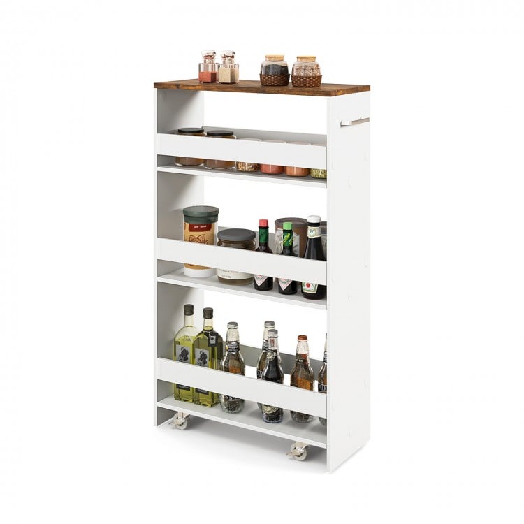 4-tier rolling storage cart with rustic brown top, open shelves, and handle, ideal for kitchen organization in tight.