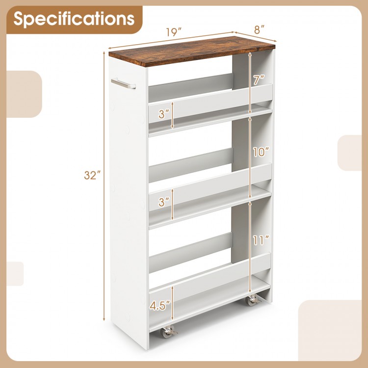 4-tier rolling storage cart with rustic brown top, featuring open shelves and dimensions for kitchen organization.