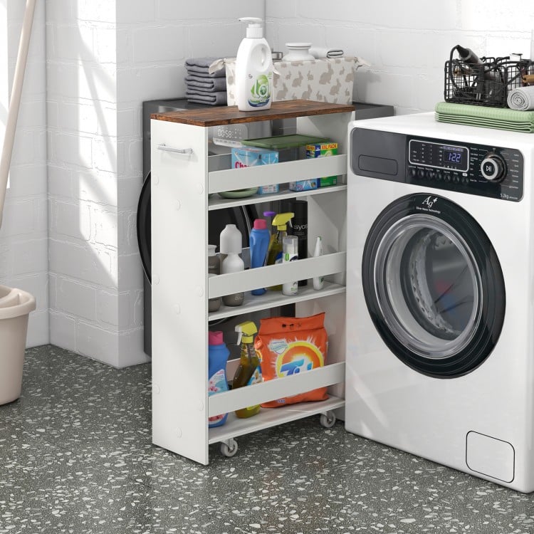 4-tier rolling storage cart with rustic brown tabletop and open shelves, ideal for laundry room organization.