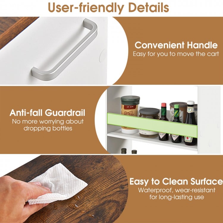 4-tier rolling storage cart with rustic brown finish, featuring a convenient handle and anti-fall guardrails for.