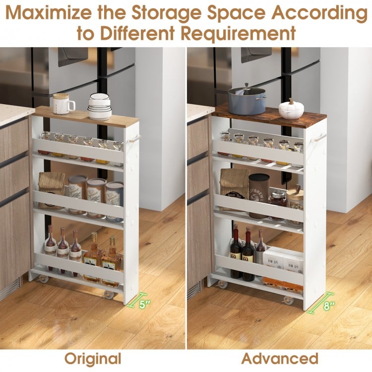 4-tier rolling storage cart with rustic brown tabletop and open shelves, designed for versatile kitchen organization.