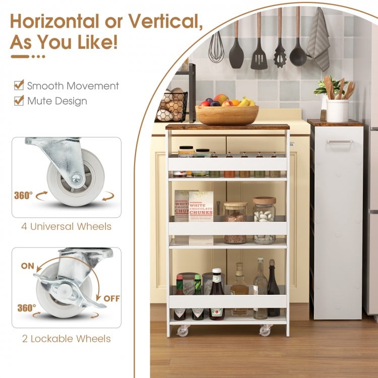 4-tier rolling storage cart with rustic brown finish, featuring open shelves and a convenient push handle for easy.