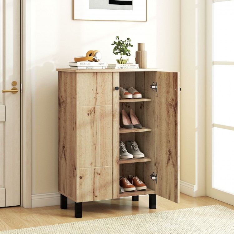 4-tier shoe organizer with natural wood grain finish, featuring removable shelves and two doors, ideal for entryways.