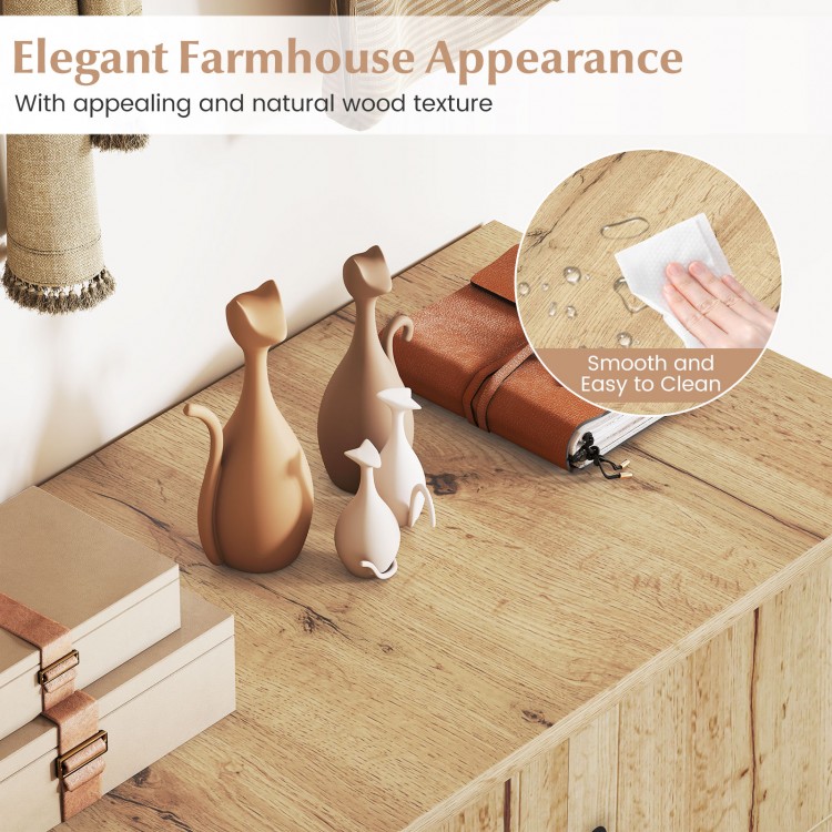 4-tier shoe organizer with natural wood grain finish, featuring removable shelves and smooth surface for easy cleaning.