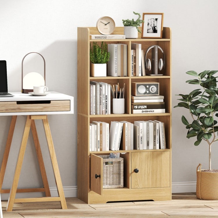 Natural wood 4-tier bookshelf with 4 display cubes and 2 enclosed doors, perfect for living room or office storage.
