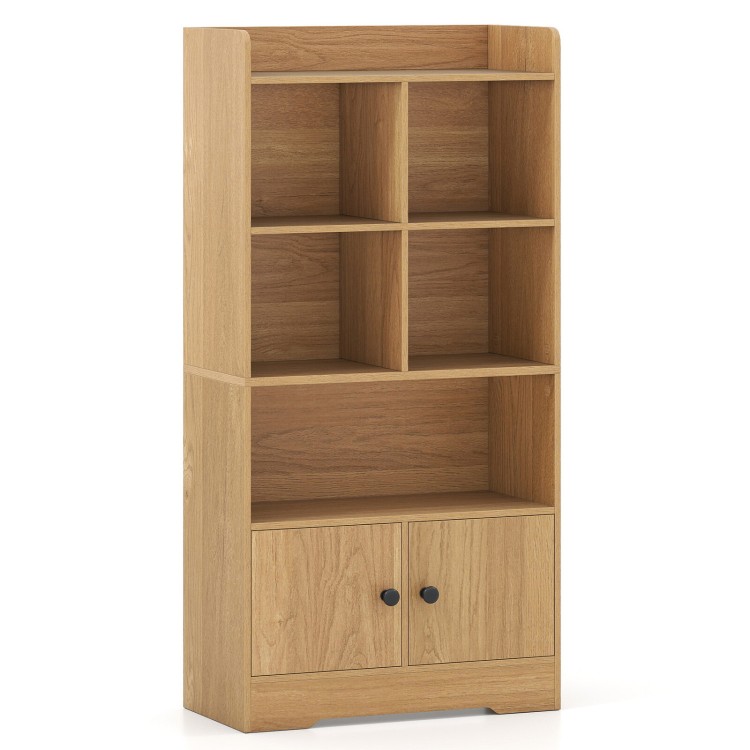 4-tier bookshelf in natural finish with 4 open cubes and 2-door cabinet for versatile storage and display.