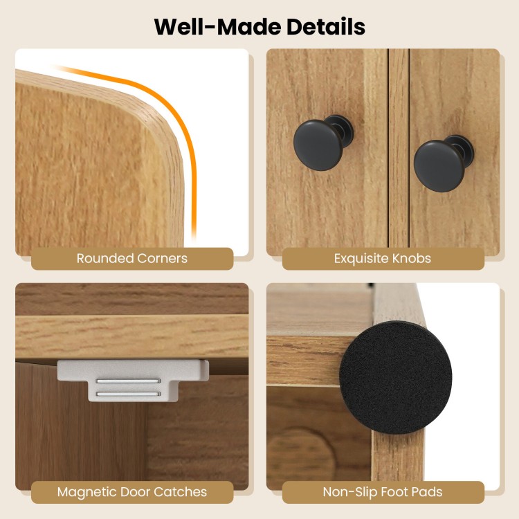 Close-up of the 4-tier bookshelf's rounded corners, magnetic door catches, and non-slip foot pads for stability.