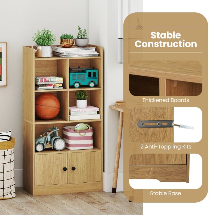 4-tier bookshelf in natural finish with open shelves and 2-door cabinet, perfect for living room or office storage.