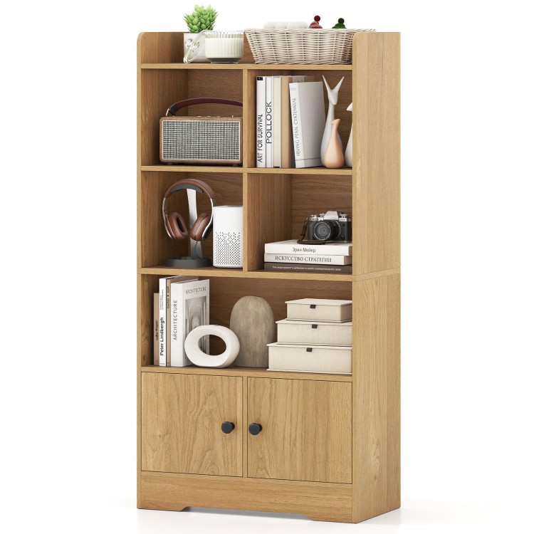Natural wood 4-tier bookshelf with open display shelves and 2-door cabinet, perfect for living room or office storage.