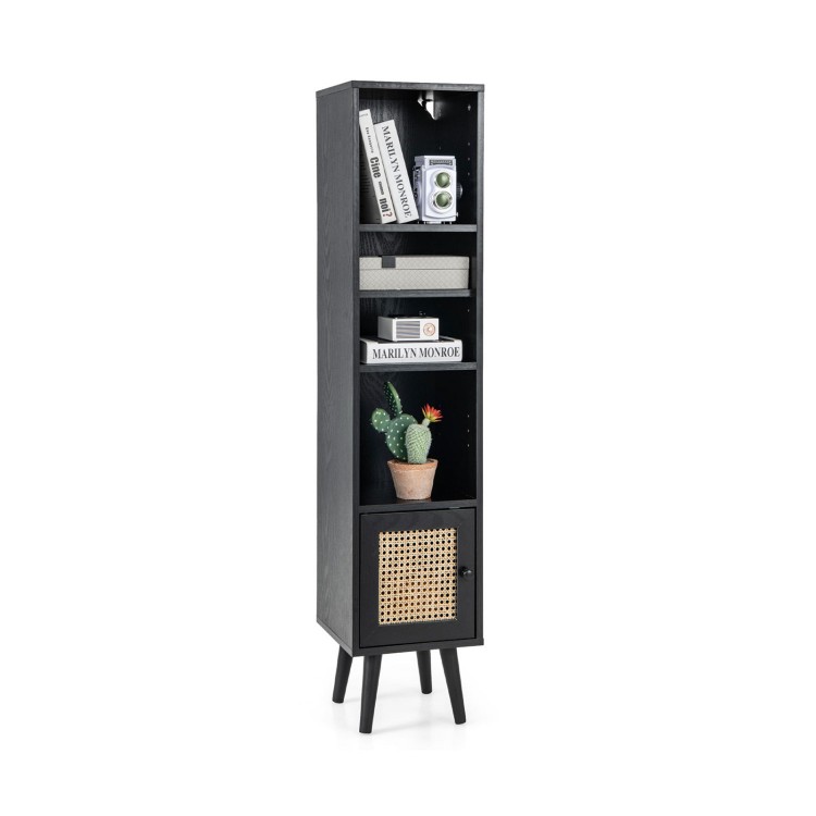 Slim black 4-tier rattan storage cabinet with adjustable shelves and natural rattan door, perfect for small spaces.