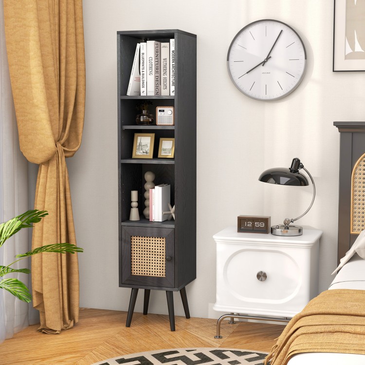 Side view of a slim black rattan storage cabinet with a natural rattan door and solid wood legs, designed for compact.