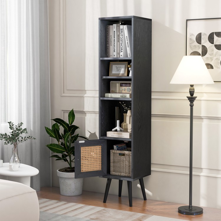 Tall black rattan storage cabinet featuring a sleek design, adjustable shelves, and a natural rattan door for stylish.