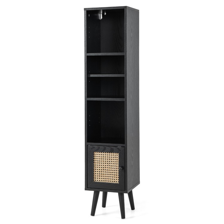 Slim black 4-tier rattan storage cabinet with adjustable shelves and natural rattan door, ideal for small spaces.