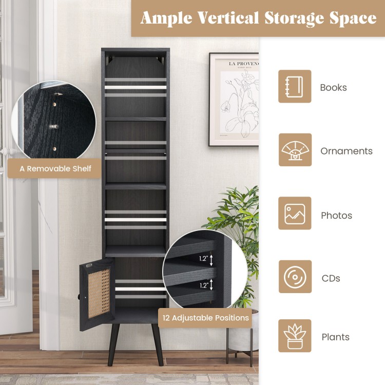 Slim black 4-tier rattan storage cabinet with adjustable shelves, ideal for books, ornaments, and plants in small.