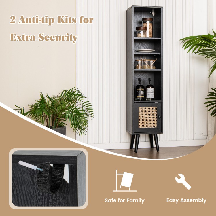 Slim black 4-tier rattan storage cabinet with adjustable shelves and anti-tip kits, ideal for small spaces.