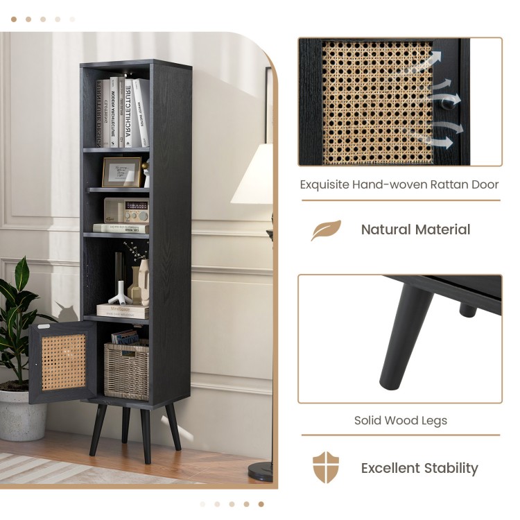 Slim black 4-tier rattan storage cabinet with natural rattan door and solid wood legs, perfect for small spaces.