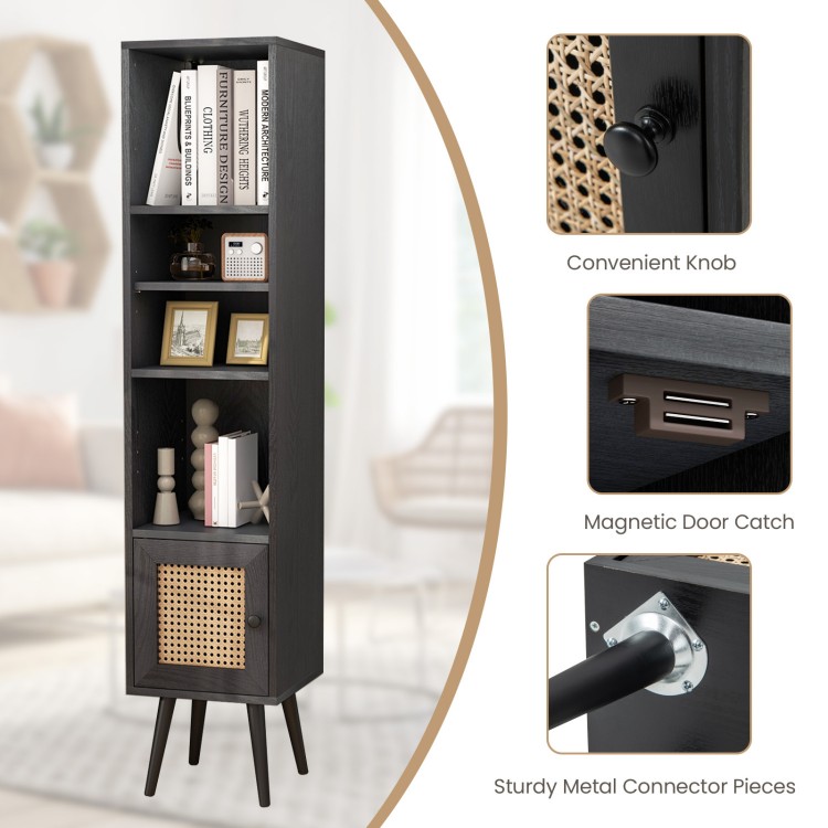 Detail of the slim black rattan storage cabinet's magnetic door catch and convenient knob, enhancing functionality and.