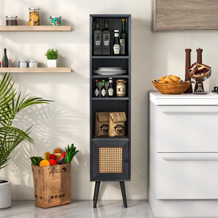 Tall black rattan storage cabinet featuring a natural rattan door, ideal for stylish organization in limited spaces.