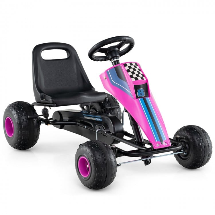 Pink 4-wheel pedal go-kart for kids with adjustable seat, steering wheel, and safe handbrake for outdoor fun.