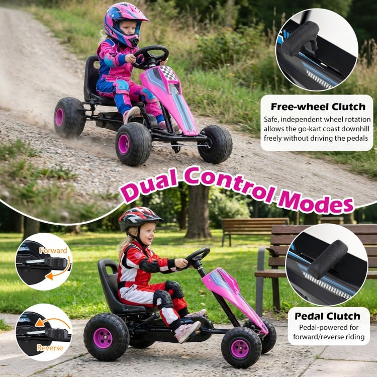 Pink 4-wheel pedal go-kart for kids featuring adjustable seat, dual control modes, and safe handbrake for easy riding.