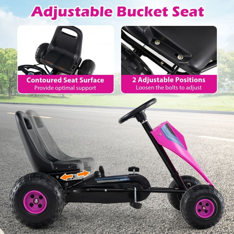 Adjustable bucket seat of the pink 4-wheel ride-on pedal go-kart, featuring two positions for growing kids and optimal.