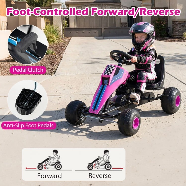 Foot-controlled pink pedal go-kart for kids with adjustable seat, anti-slip foot pedals, and safe handbrake for easy.