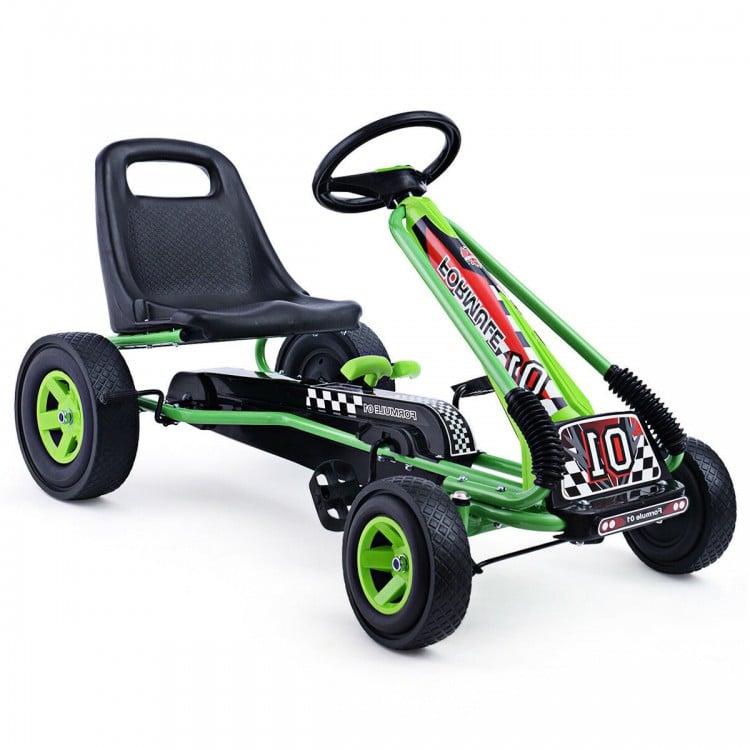 Kids pedal-powered go-kart in green with adjustable seat, four rubber wheels, and automatic balancing system for.