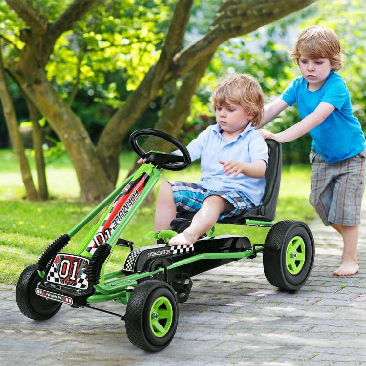 Kids pedal-powered go-kart in green with four rubber wheels, suitable for ages 3 to 8, for outdoor play and stability.