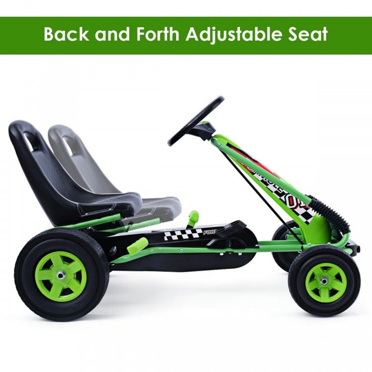 Side view of the green pedal-powered go-kart with adjustable seat, designed for kids aged 3 to 8 for outdoor play.
