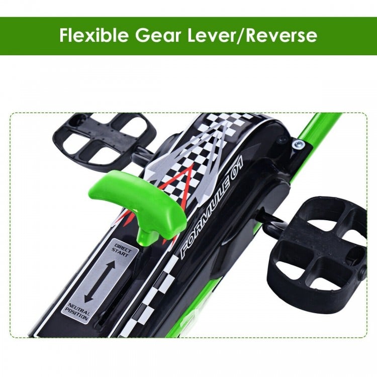 Close-up of the flexible gear lever on the green pedal-powered go-kart, designed for kids aged 3 to 8 for outdoor play.