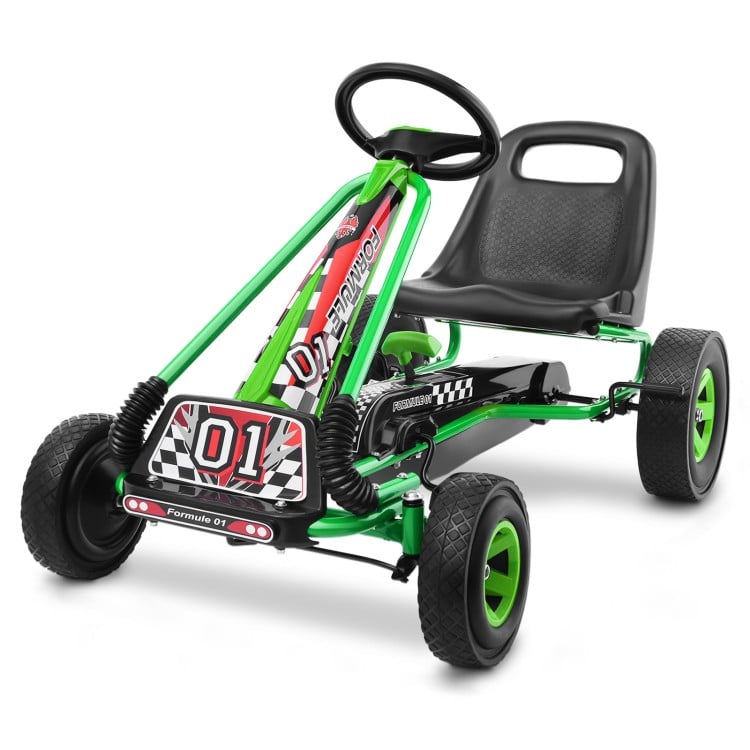 Green pedal-powered go-kart for kids aged 3-8, featuring four rubber wheels and an ergonomic adjustable seat for.