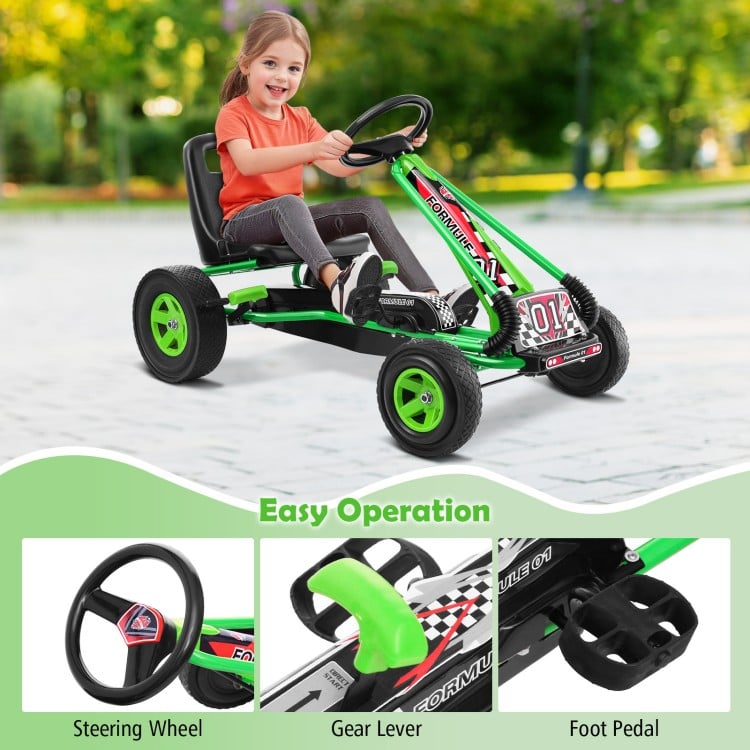 Kids pedal-powered go-kart in green with steering wheel, gear lever, and foot pedal for outdoor play and stability.